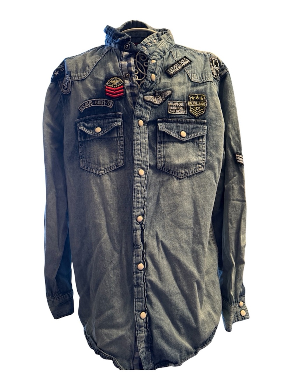 Brave Soul London Boys Denim Military Patch Snap Shirt Size Small